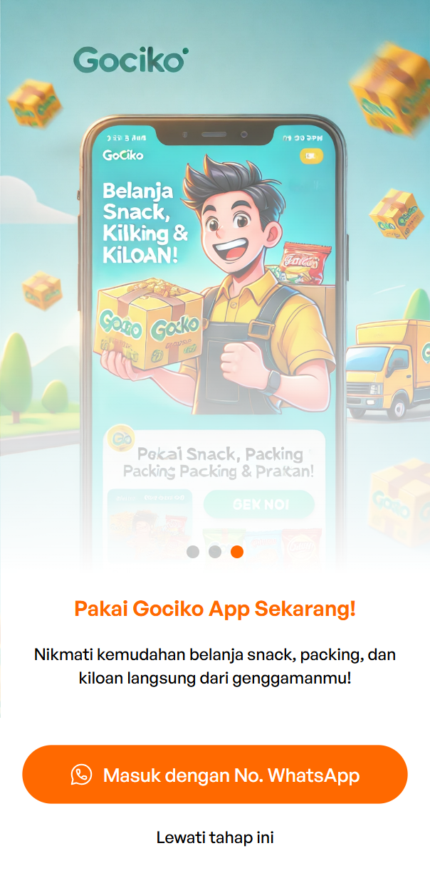 Tampilan aplikasi Gociko Snack di ponsel: daftar snack dengan pilihan takaran